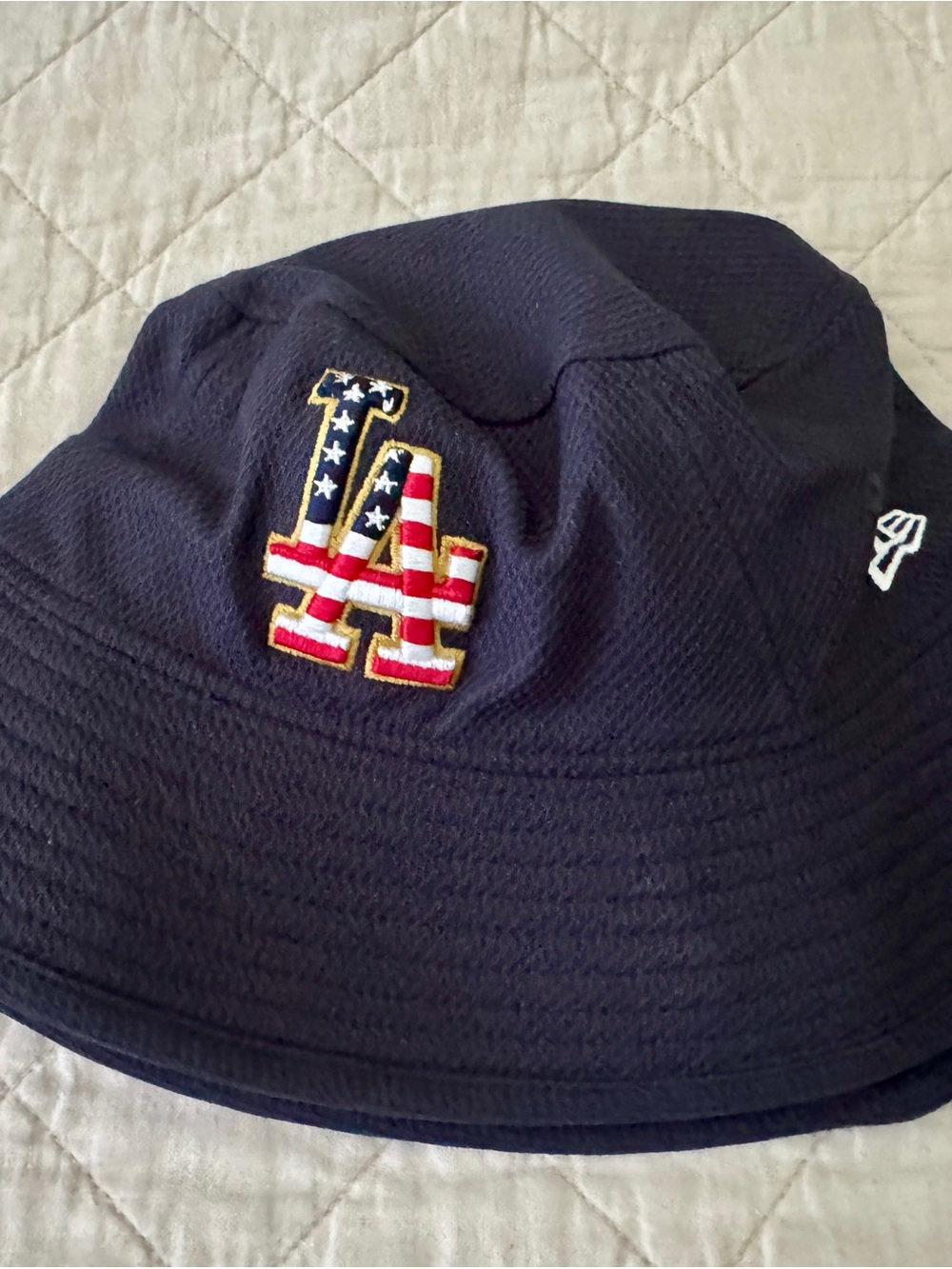 New Era Navy Bucket Hat with American Flag LA Patch